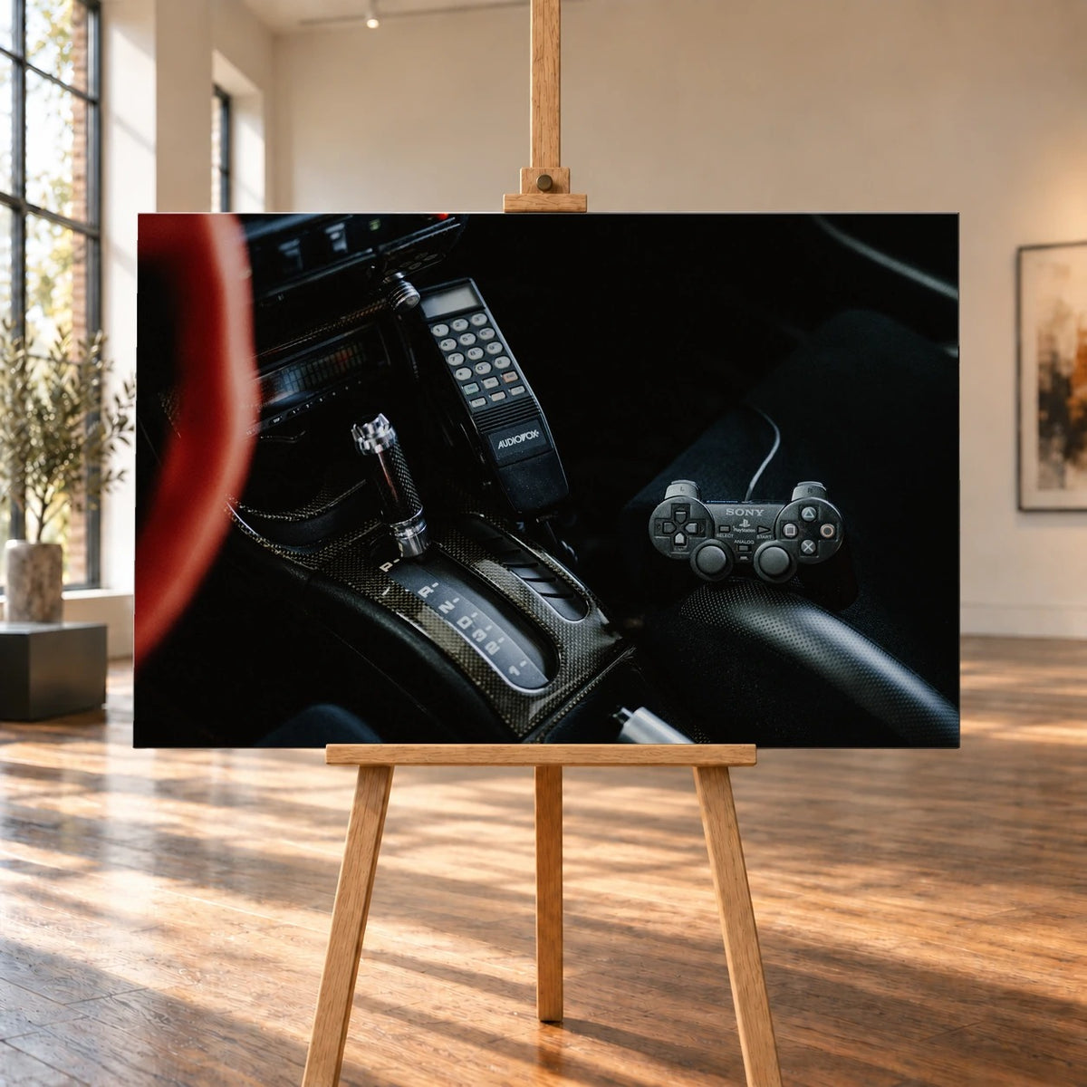 Raumvisualisierung eines querformatigen Leinwandbilds auf einer Holzstaffelei in einem hellen Raum mit hohen Fenstern und Holzboden. Das Bild zeigt die Mittelkonsole von Jesses VW Jetta aus „The Fast and the Furious“ mit Automatik-Wählhebel und Autotelefon sowie einen PlayStation-Controller rechts daneben.