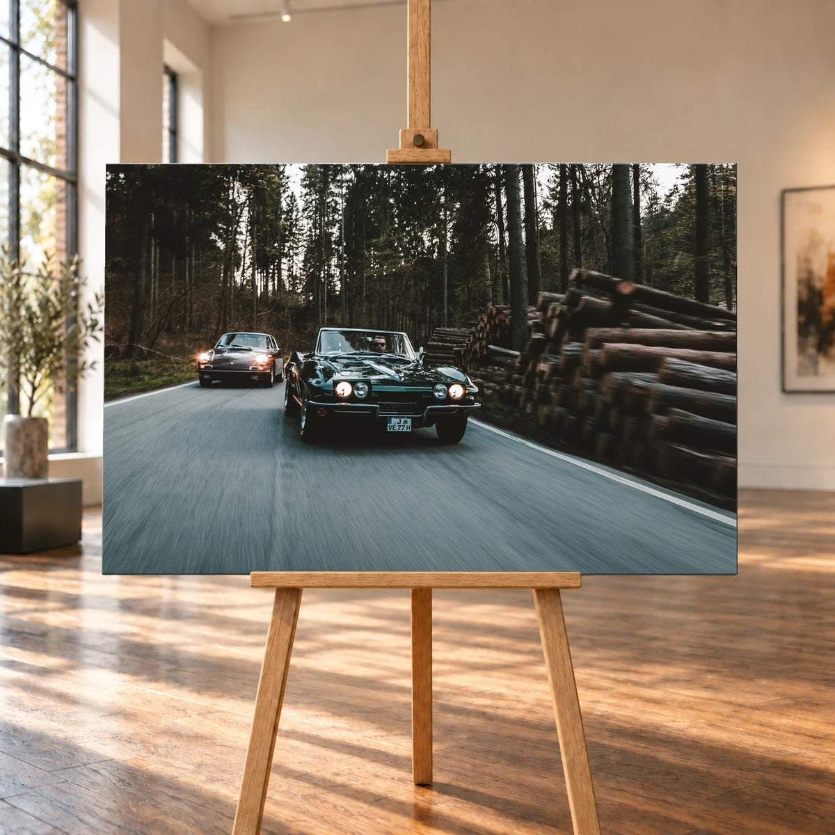 Raumvisualisierung eines querformatigen Leinwandbildes auf einer Holzstaffelei in einem hellen Raum mit hohen Fenstern und Holzboden. Auf dem Bild fahren eine Chevrolet Corvette C2 und ein dahinter versetzter Porsche 911 S Softwindow auf einer Waldstraße.