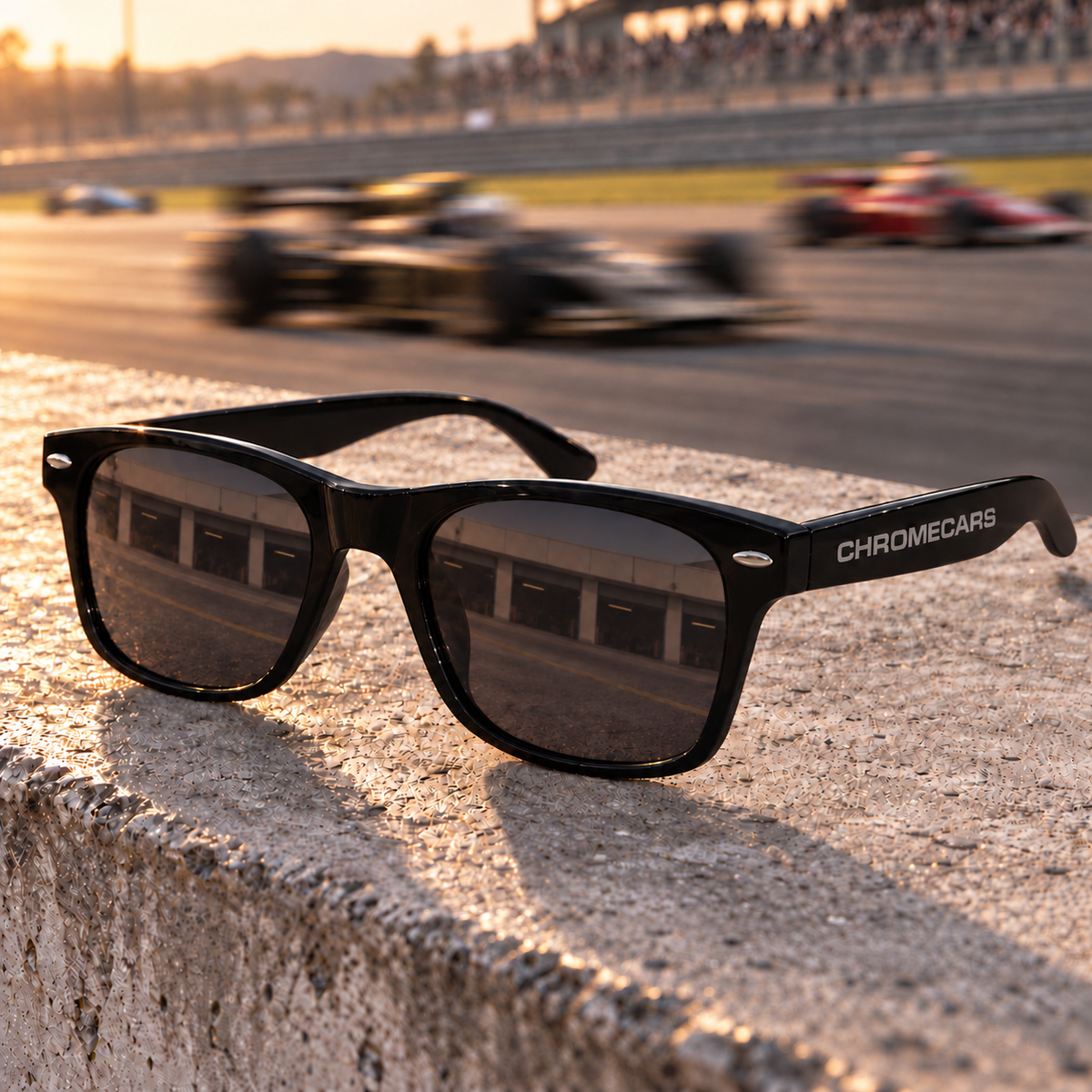 Schwarze Sonnenbrille mit CHROMECARS-Schriftzug auf einem Bügel auf einer rauen hellen Mauer; unscharfe Rennwagen und eine Tribüne im Abendlicht.