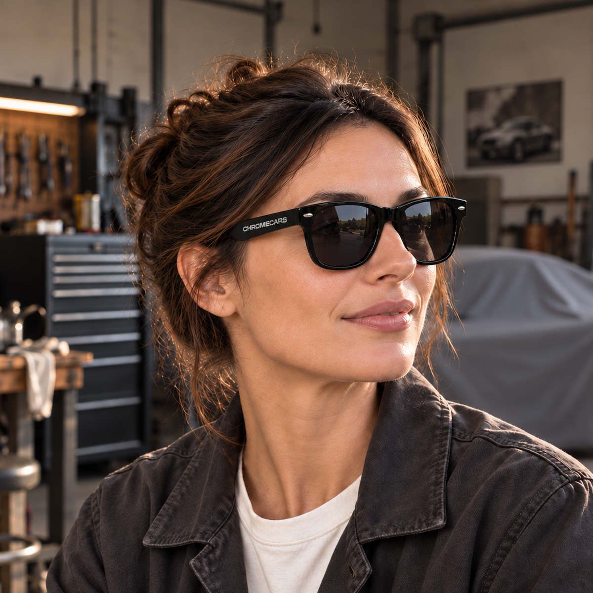 Frau mit schwarzer CHROMECARS-Sonnenbrille in einer Werkstatt; hinter ihr stehen ein Werkzeugschrank und ein abgedecktes Fahrzeug.