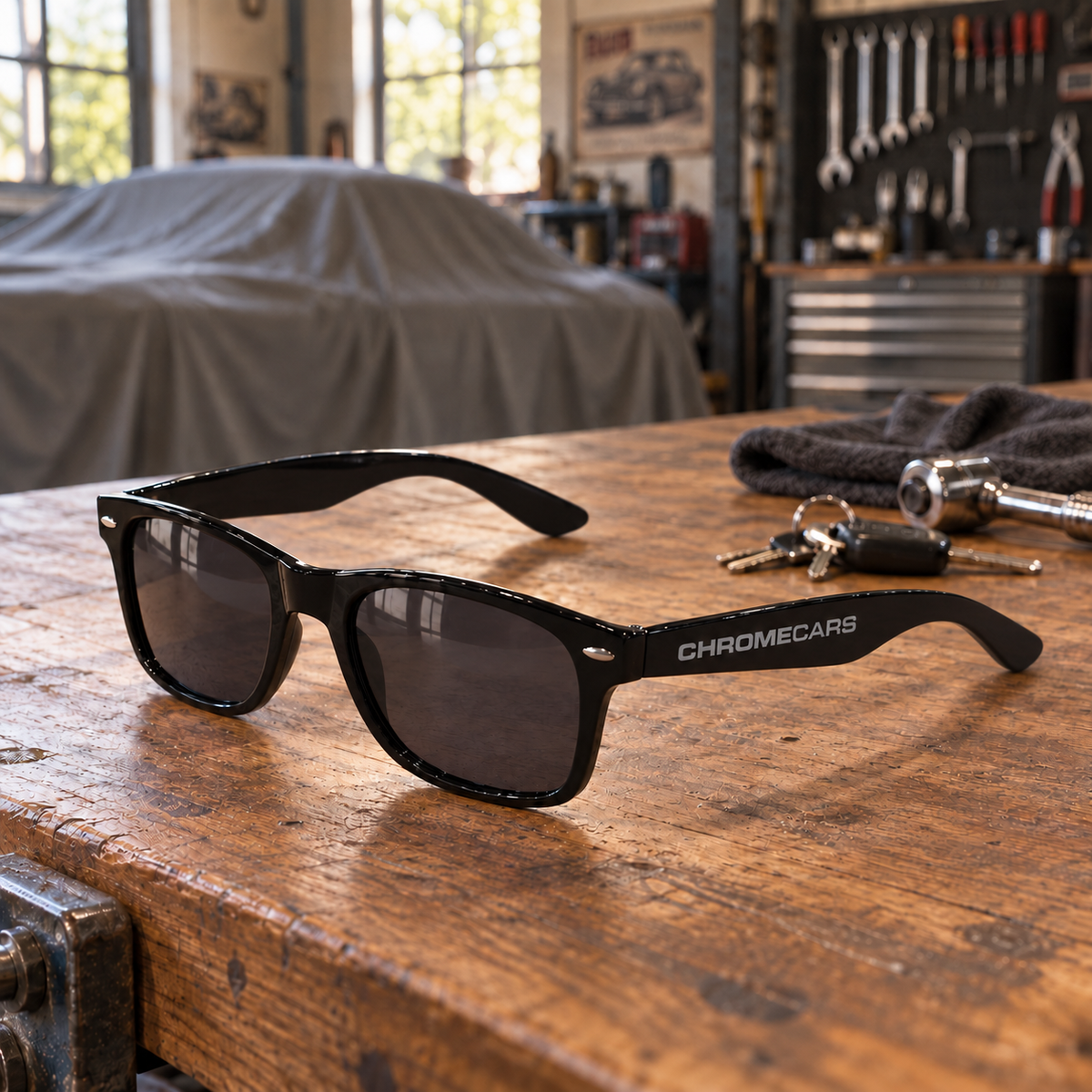 Schwarze CHROMECARS-Sonnenbrille auf einer Werkbank neben Schlüsseln, Werkzeug und Tuch; im Hintergrund ein abgedecktes Auto und eine Werkzeugwand.