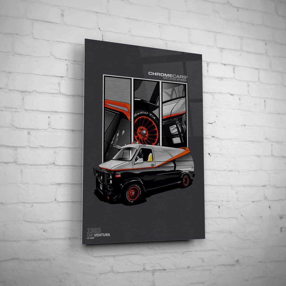 A-Team Vandura – Detail Triptych auf gebürstetem Aluminium an weißer Ziegelwand