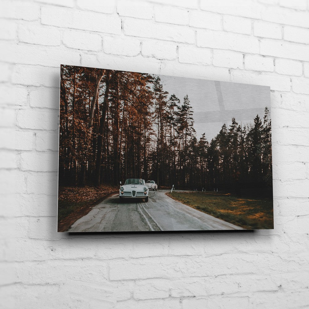 Alfa Romeo – Autumn Road auf gebürstetem Aluminium an weißer Ziegelwand