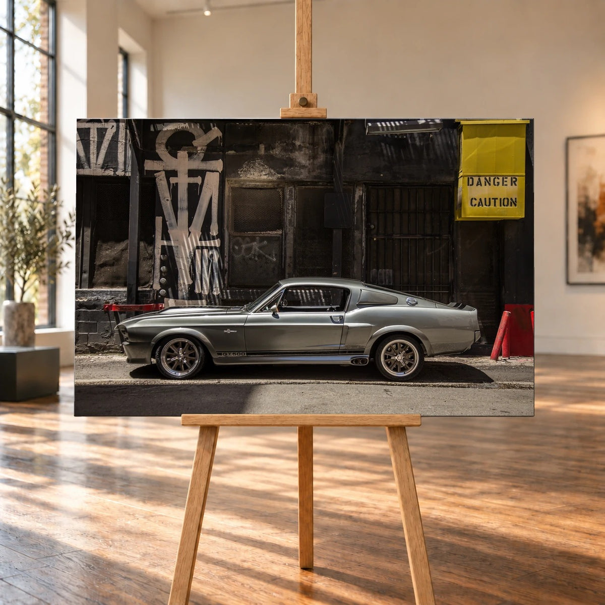 Raumvisualisierung einer querformatigen Leinwand auf einer Holzstaffelei in einem hellen Raum mit hohen Fenstern und Holzboden. Auf dem Bild steht der silbergraue Ford Mustang Shelby GT500 „Eleanor“ im Profil vor einer dunklen Industriefassade.