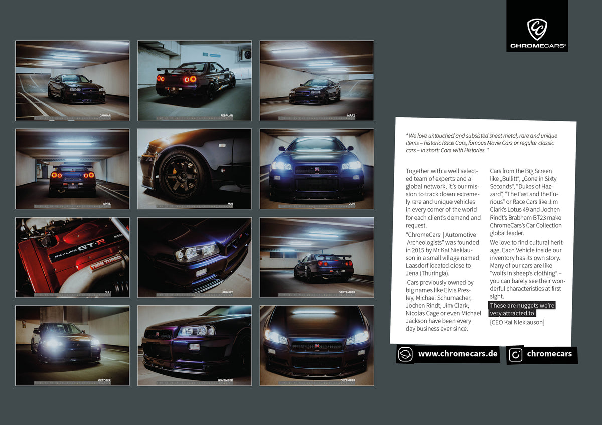 R34 Midnight Purple II Kalender 2027 – Rückseitenübersicht mit Miniaturen aller zwölf Monatsmotive