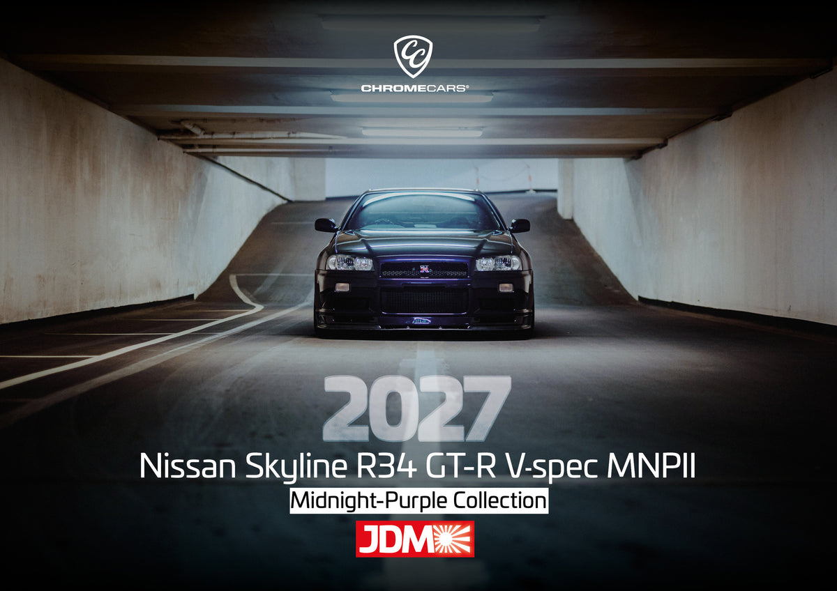 R34 Midnight Purple II Kalender 2027 – Deckblatt: Der violette Nissan Skyline R34 steht frontal und klein am Ende einer langen, symmetrischen Parkhaustunnel-Achse; die helle Mittellinie führt direkt auf das Fahrzeug zu