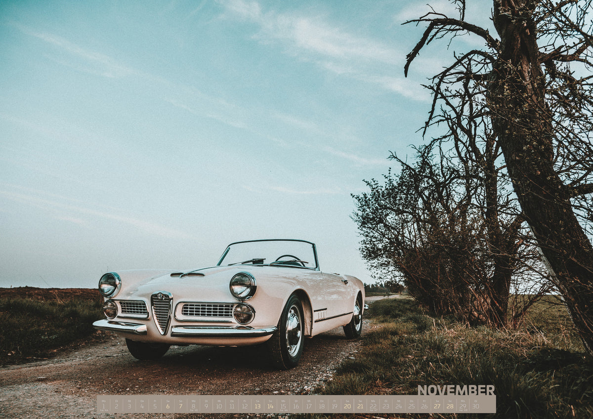 ChromeCars Retrospektiv Kalender 2027 – November: Heller Alfa Romeo 2000 Touring Spider in tiefer Front-Dreiviertelansicht auf einem schmalen Weg neben einem großen knorrigen Baum unter bläulichem, bewölktem Himmel