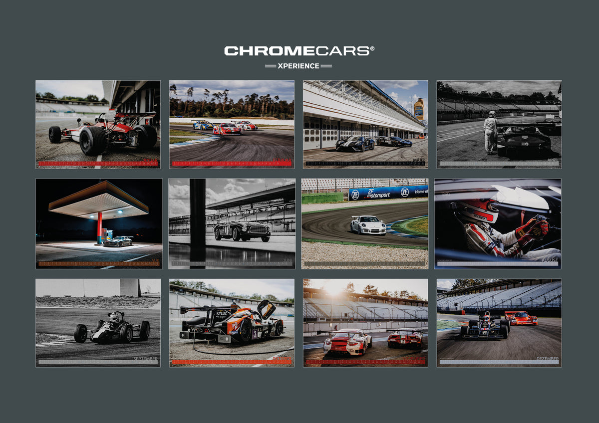 Trackday Kalender 2027 – Rückseitenübersicht mit Miniaturen aller zwölf Monatsmotive