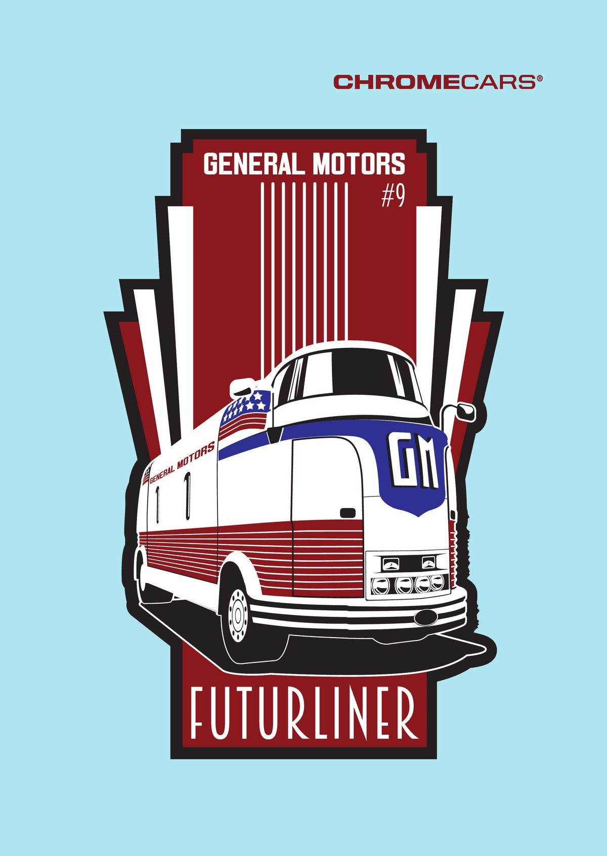 Grafische Darstellung des GM Futurliner #9 schräg von vorn auf hellblauem Hintergrund. Das weiß-rote Fahrzeug trägt ein blaues GM-Emblem und ein Sternenbanner-Motiv. Dahinter steht eine rot-weiß-schwarze, abgestufte Form mit „GENERAL MOTORS“ und „#9“. Unten steht „FUTURLINER“, oben rechts das rote ChromeCars®-Logo.
