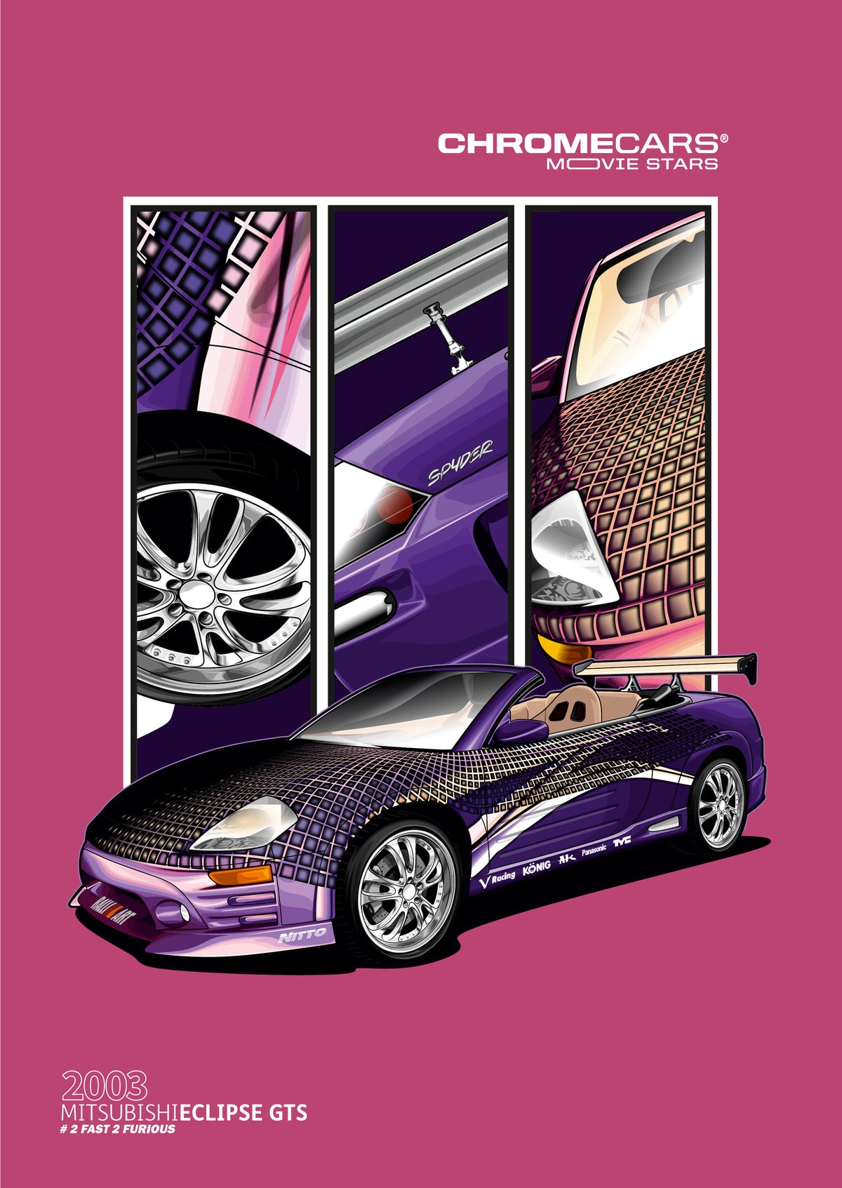 Hochformatiges Motiv auf pinkem Hintergrund: Ein violetter Mitsubishi Eclipse Spyder GTS mit offenem Dach, beigefarbenen Sitzen, silbrig glänzenden Felgen und großem Heckflügel steht schräg von vorn im Vordergrund. Ein dunkles Rastermuster bedeckt Haube und Teile der Seiten. Dahinter zeigen drei schmale, schwarz umrandete und weiß getrennte Bildfelder Fahrzeugdetails. Oben steht „CHROMECARS® MOVIE STARS“, unten stehen Fahrzeug- und Filmbeschriftungen.