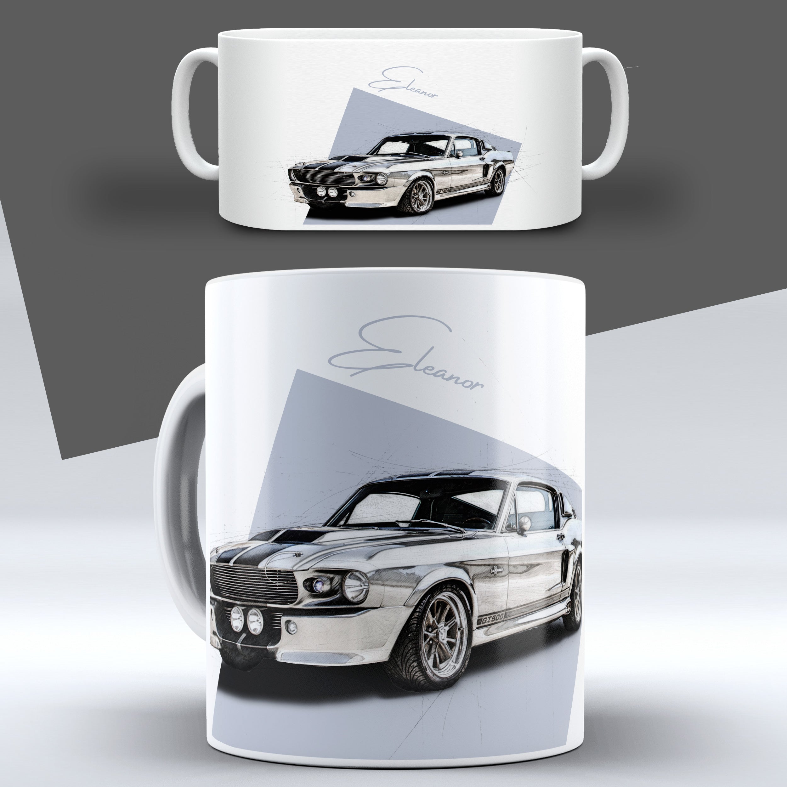 Eleanor – White Sketch auf einer Tasse – Vorder- und Seitenansicht