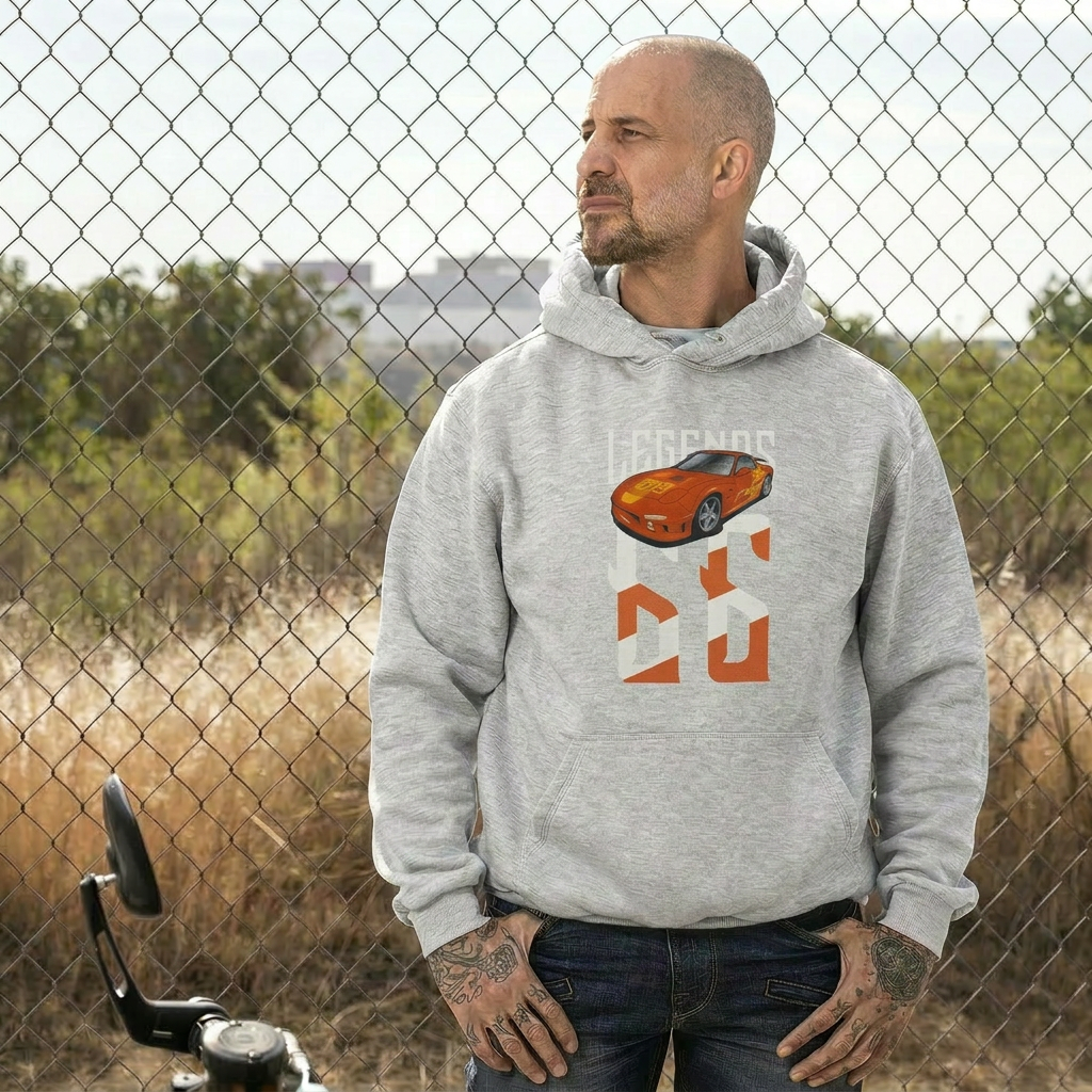 Orange Julius RX-7 – Legends 66 auf grau meliert Hoodie – Herrenmodell
