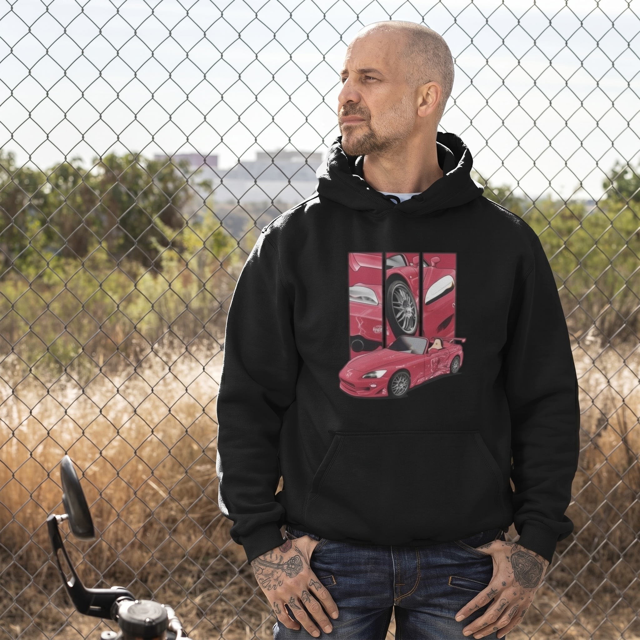 Suki’s Honda S2000 – Detail Triptych auf schwarz Hoodie – Herrenmodell