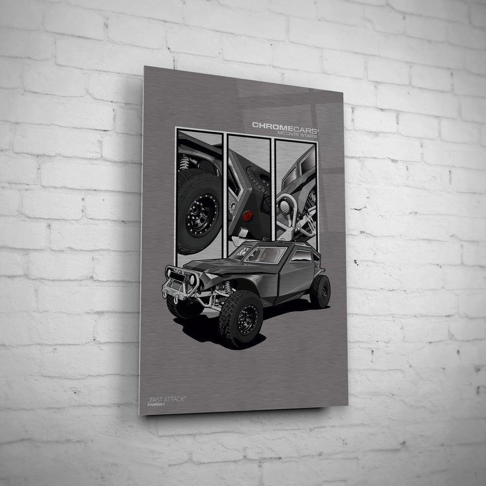 Fast Attack – Detail Triptych auf gebürstetem Aluminium an weißer Ziegelwand