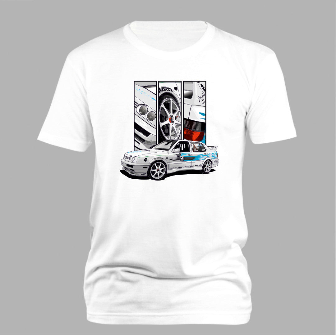 Jesse’s VW Jetta – Detail Triptych auf weißem T-Shirt – Vorderansicht