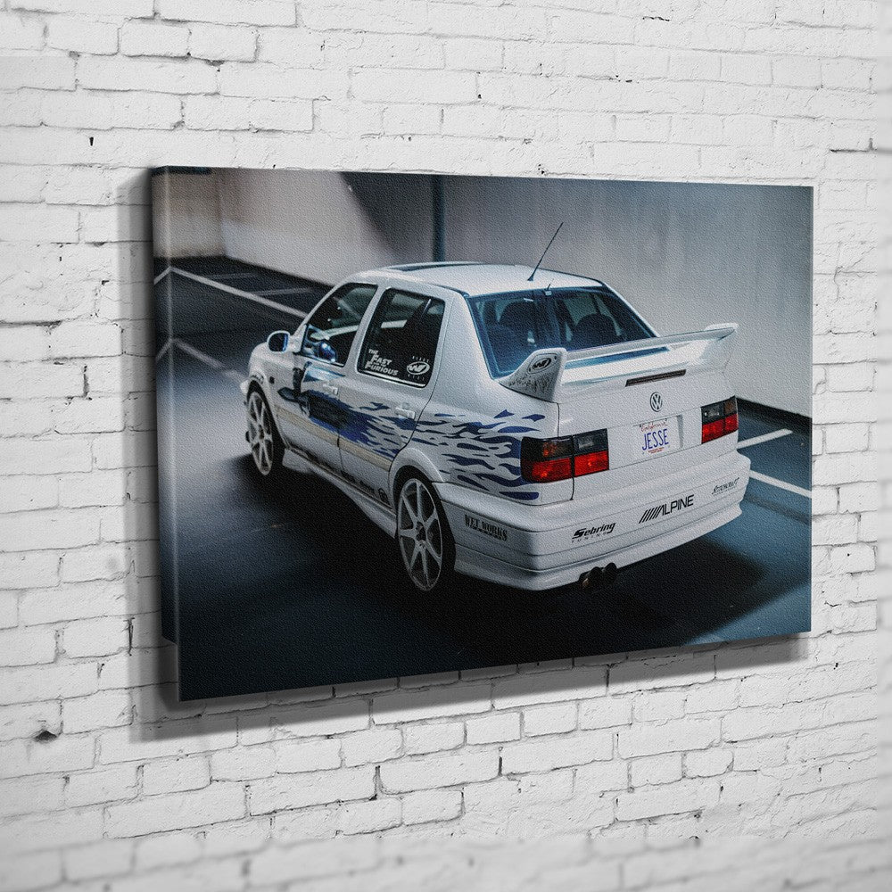 Jesse’s VW Jetta – Garage Rear auf Leinwand an weißer Ziegelwand