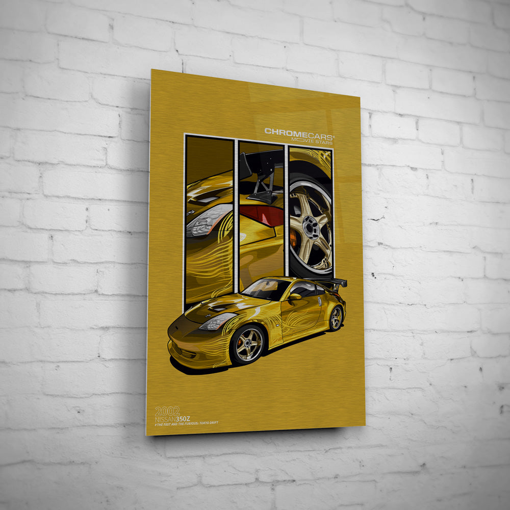Morimoto’s 350Z – Detail Triptych auf gebürstetem Aluminium an weißer Ziegelwand
