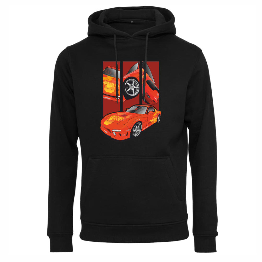 Orange Julius RX-7 – Detail Triptych auf einem Hoodie
