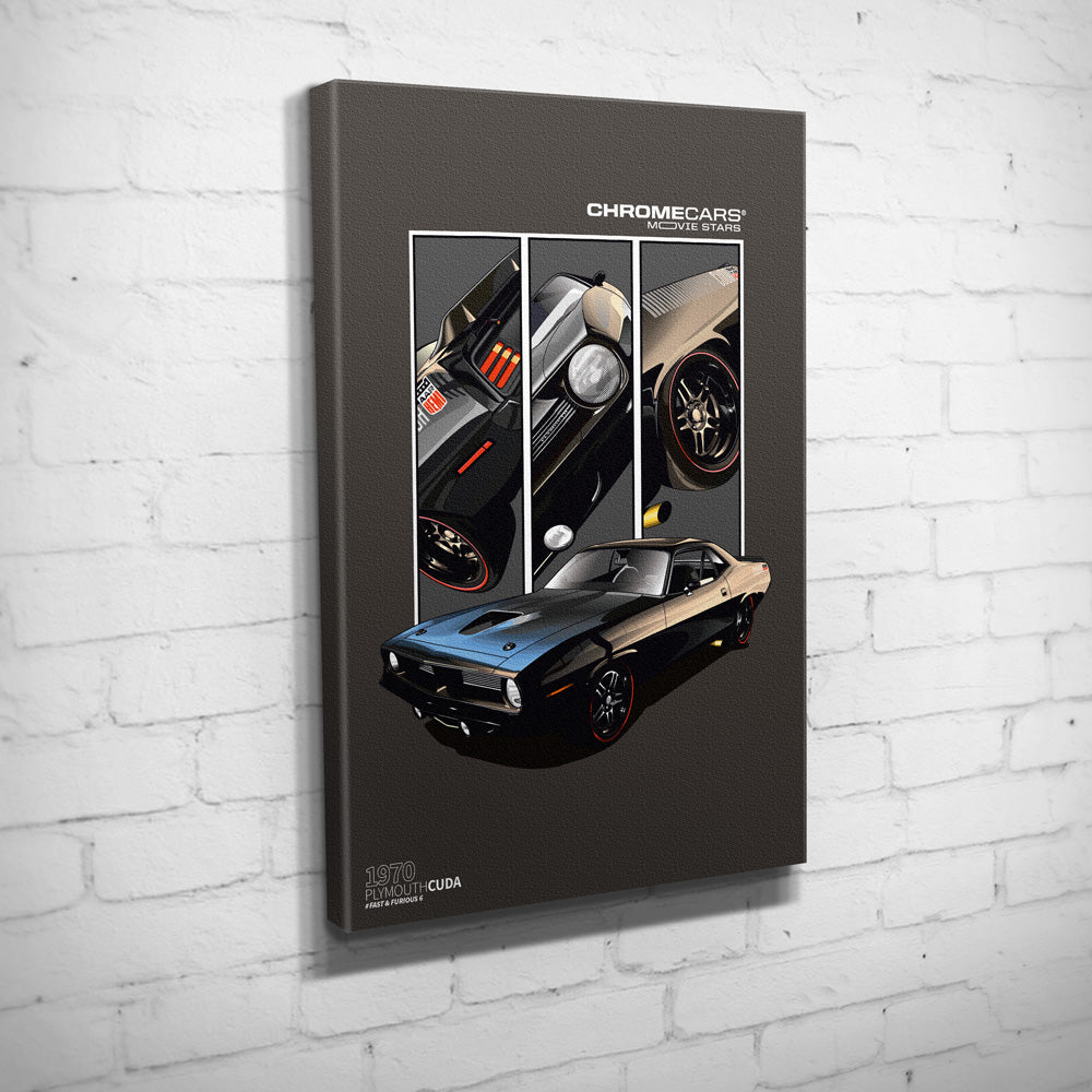Plymouth Hemi Cuda – Detail Triptych auf Leinwand an weißer Ziegelwand