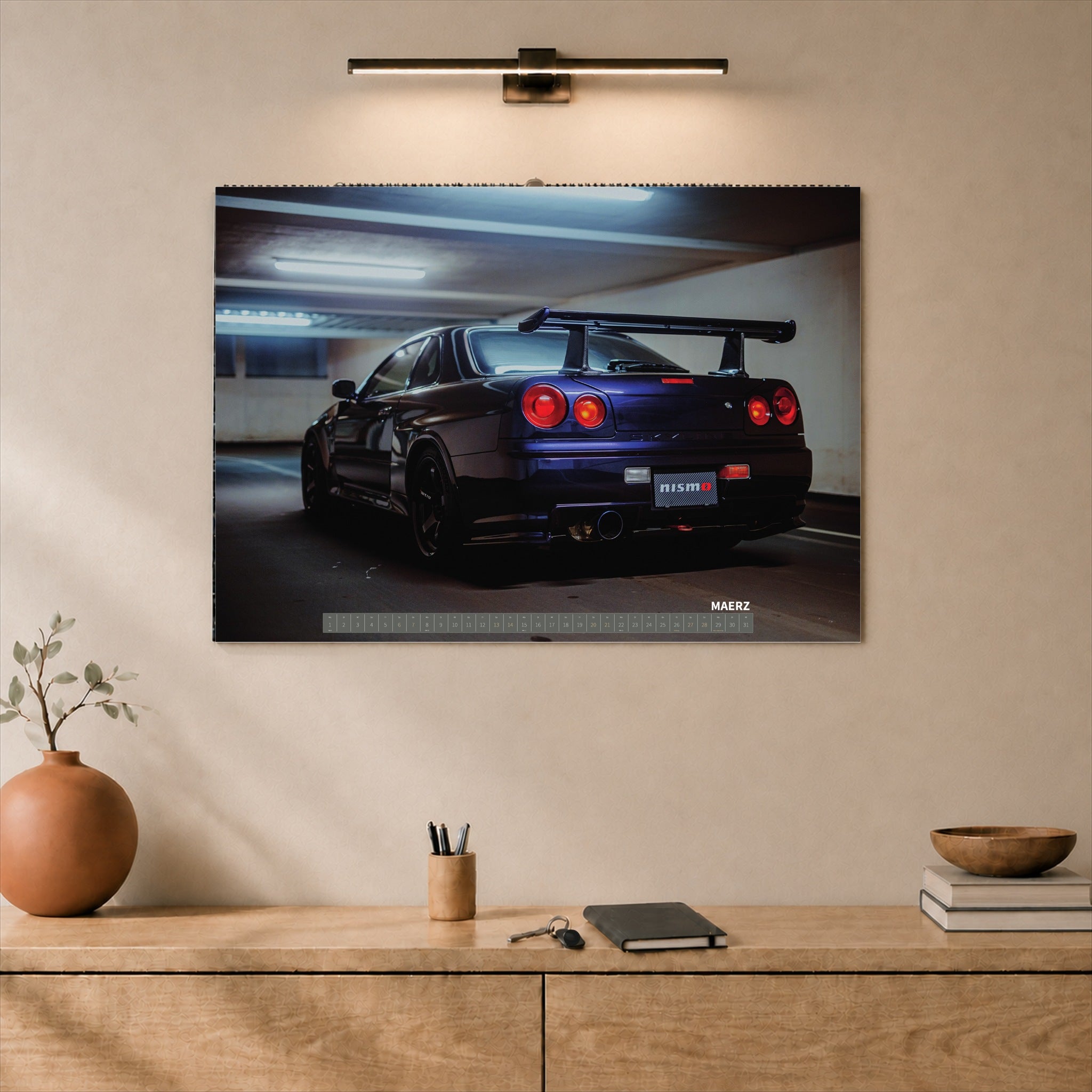 R34 GT-R CRS MPIII Kalender 2027 Landscape – Kalenderblatt maerz als A2-Mockup