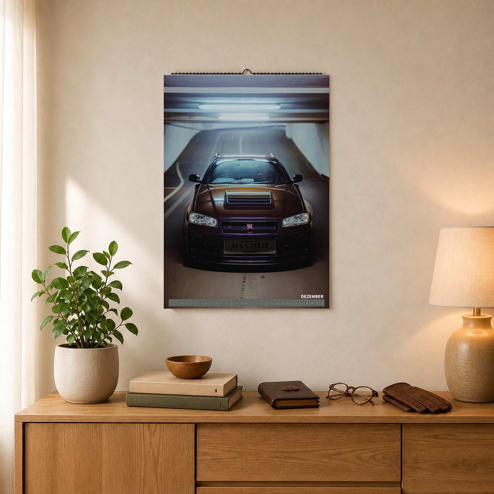 R34 GT-R CRS MPIII Kalender 2027 Portrait – Kalenderblatt dezember als A2-Mockup