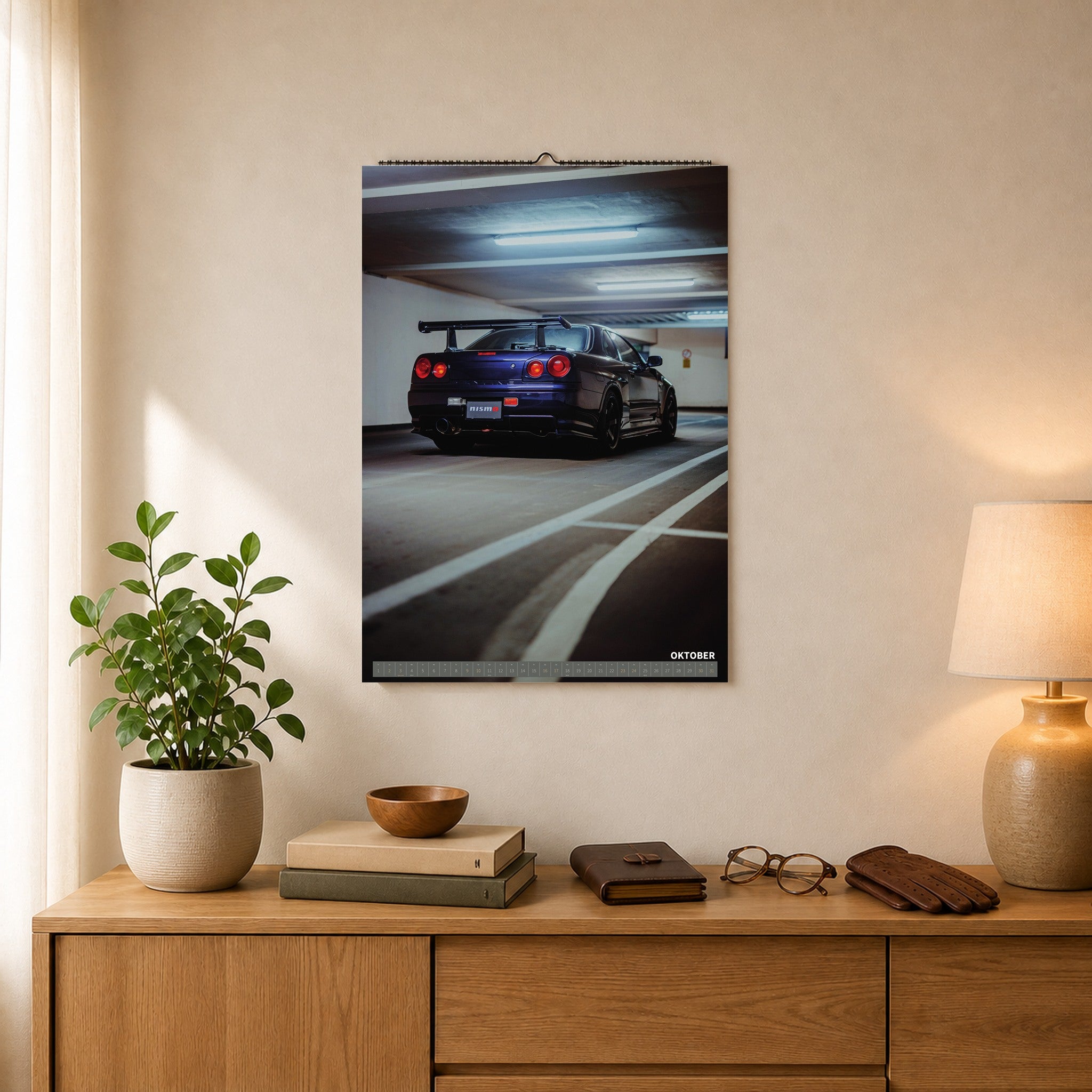 R34 GT-R CRS MPIII Kalender 2027 Portrait – Kalenderblatt oktober als A2-Mockup