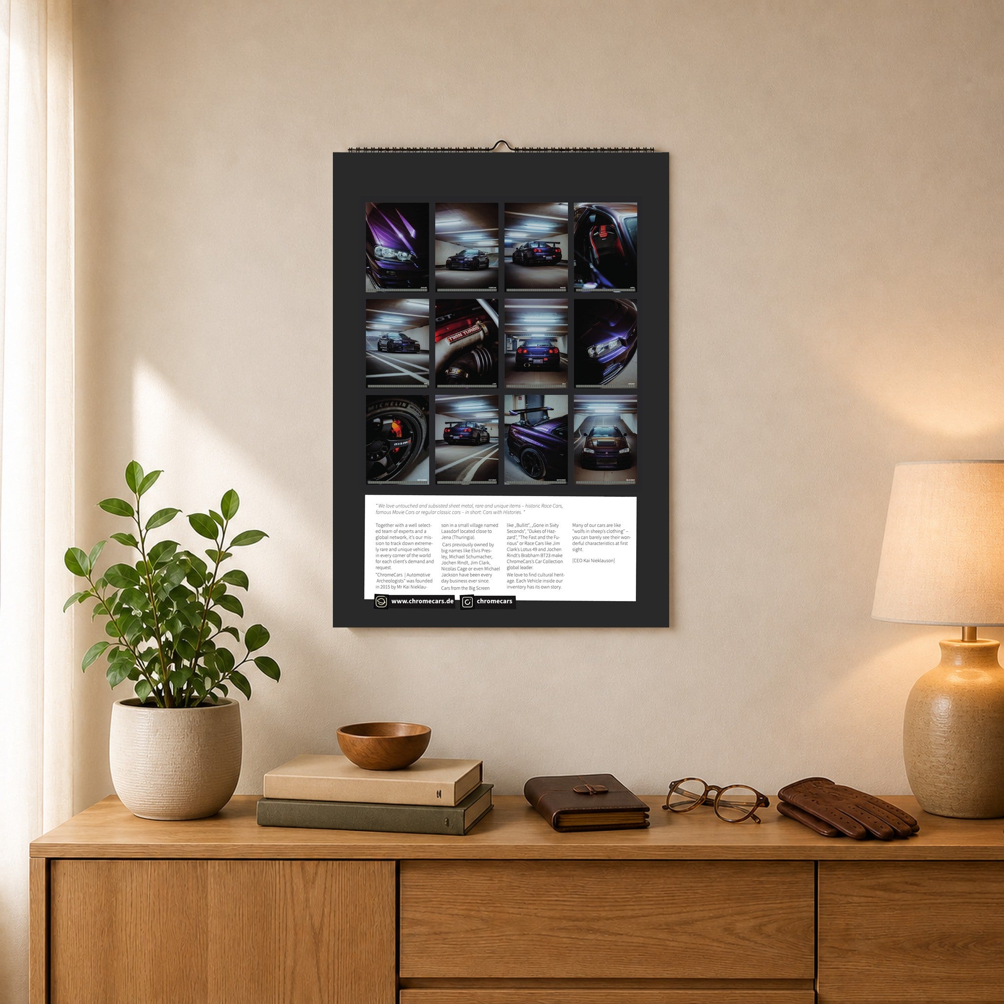 R34 GT-R CRS MPIII Kalender 2027 Portrait – Rückseitenübersicht als A2-Mockup