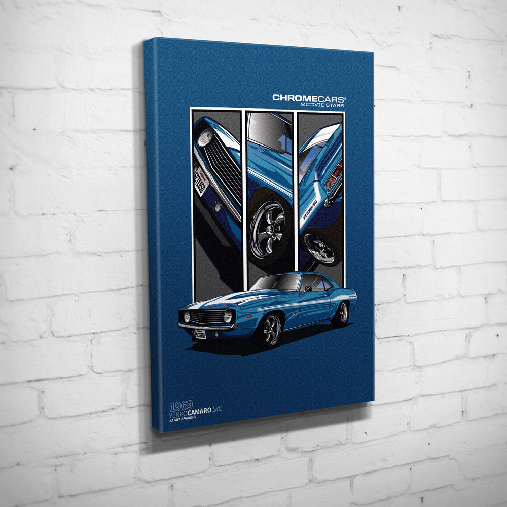 Yenko Camaro – Detail Triptych auf Leinwand an weißer Ziegelwand