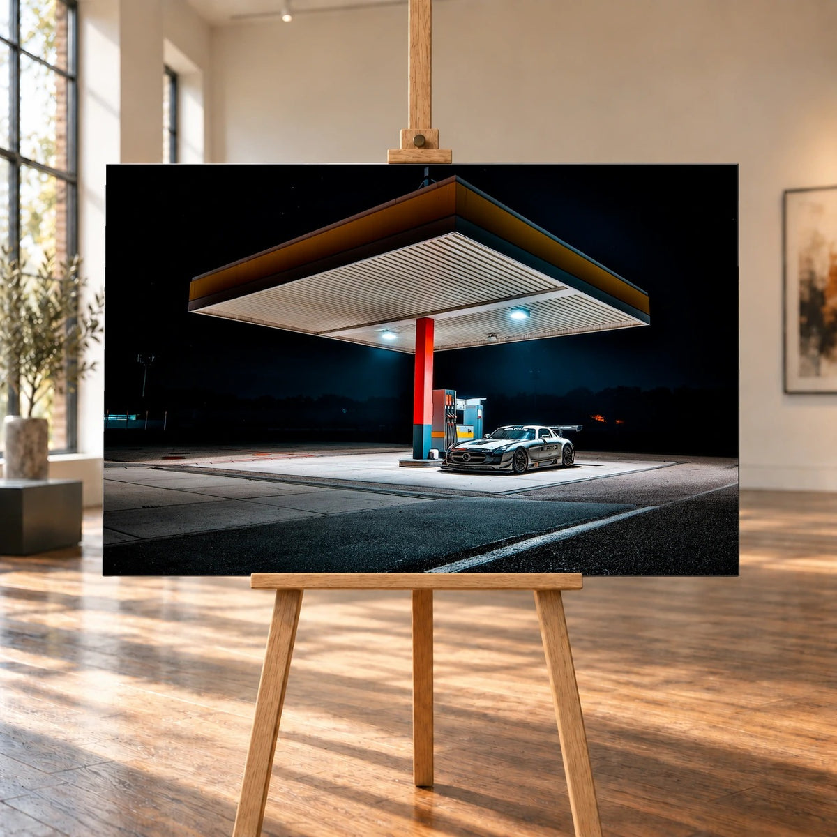 Der Mercedes SLS GT3 steht nachts allein unter dem Lichtdach einer Tankstelle; Rot, Blau und Orange gliedern die dunkle Szene. Motiv „Apex Scene“ als Leinwand-Wandbild, auf einer Holzstaffelei in einem hellen Galerieraum.