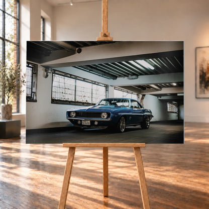 Der Camaro Yenko steht schräg von vorn in einer alten, lichtdurchfluteten Halle; Fensterreihen und Beton schaffen industrielle Atmosphäre. Motiv „Silver Pulse 2“ als Alu gebürstet-Wandbild, auf einer Holzstaffelei in einem hellen Galerieraum.
