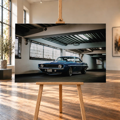 Der Camaro Yenko steht schräg von vorn in einer alten, lichtdurchfluteten Halle; Fensterreihen und Beton schaffen industrielle Atmosphäre. Motiv „Silver Pulse 2“ als Leinwand-Wandbild, auf einer Holzstaffelei in einem hellen Galerieraum.
