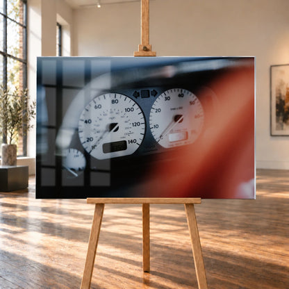 Weiße Rundinstrumente von Jesses Jetta sind eng fokussiert; rote Zeiger und dunkler Innenraum erzeugen starken Kontrast. Motiv „Road Presence“ als Acrylglas-Wandbild, auf einer Holzstaffelei in einem hellen Galerieraum.