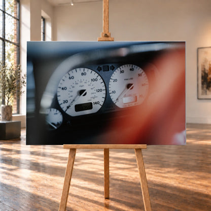 Weiße Rundinstrumente von Jesses Jetta sind eng fokussiert; rote Zeiger und dunkler Innenraum erzeugen starken Kontrast. Motiv „Road Presence“ als Alu gebürstet-Wandbild, auf einer Holzstaffelei in einem hellen Galerieraum.