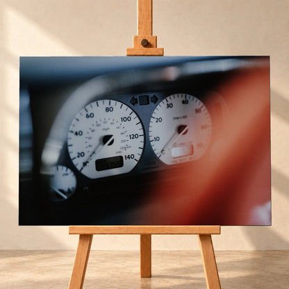 Weiße Rundinstrumente von Jesses Jetta sind eng fokussiert; rote Zeiger und dunkler Innenraum erzeugen starken Kontrast. Motiv „Road Presence“ als Leinwand-Wandbild, frontal auf einer Holzstaffelei.