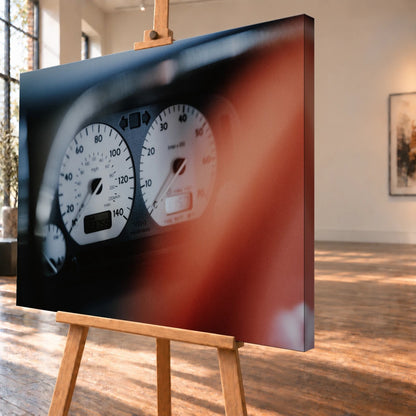 Weiße Rundinstrumente von Jesses Jetta sind eng fokussiert; rote Zeiger und dunkler Innenraum erzeugen starken Kontrast. Motiv „Road Presence“ als Leinwand-Wandbild, schräg von der Seite auf einer Holzstaffelei.