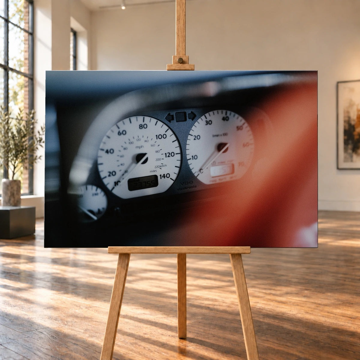 Weiße Rundinstrumente von Jesses Jetta sind eng fokussiert; rote Zeiger und dunkler Innenraum erzeugen starken Kontrast. Motiv „Road Presence“ als Leinwand-Wandbild, auf einer Holzstaffelei in einem hellen Galerieraum.