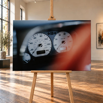 Weiße Rundinstrumente von Jesses Jetta sind eng fokussiert; rote Zeiger und dunkler Innenraum erzeugen starken Kontrast. Motiv „Road Presence“ als Leinwand-Wandbild, auf einer Holzstaffelei in einem hellen Galerieraum.