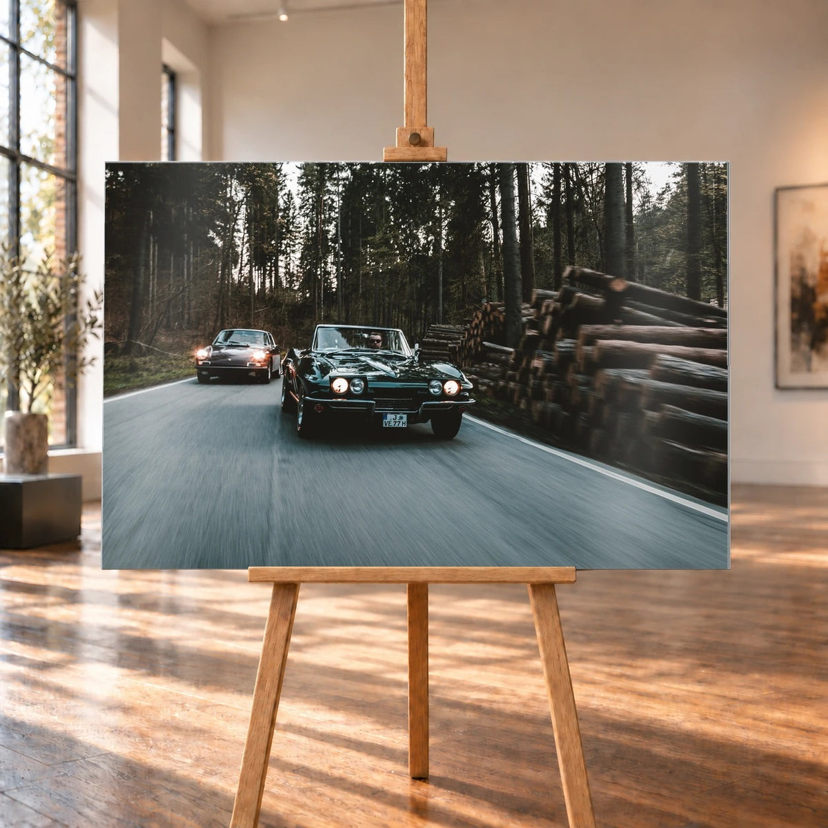 Eine grüne Corvette C2 und ein Porsche 911 S Softwindow fahren hintereinander durch einen Wald; Bewegungsunschärfe vermittelt Tempo. Motiv „Golden Light“ als Alu gebürstet-Wandbild, auf einer Holzstaffelei in einem hellen Galerieraum.