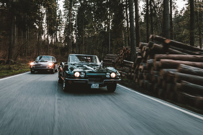 Eine grüne Corvette C2 und ein Porsche 911 S Softwindow fahren hintereinander durch einen Wald; Bewegungsunschärfe vermittelt Tempo. Originalmotiv „Golden Light“ im Querformat.
