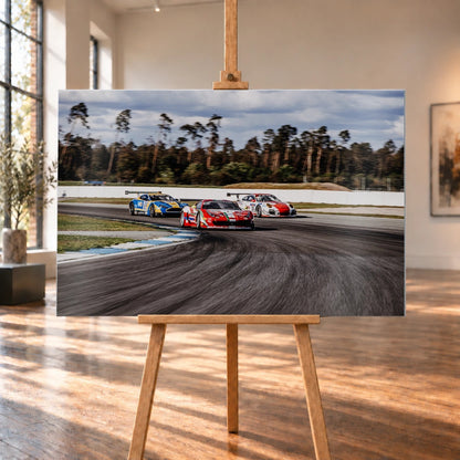 Aston Martin, Porsche und Ferrari GT3 fahren dicht gestaffelt durch eine Kurve; die Mehrwagen-Szene zeigt echtes Renngeschehen. Motiv „Racing Echo“ als Alu gebürstet-Wandbild, auf einer Holzstaffelei in einem hellen Galerieraum.