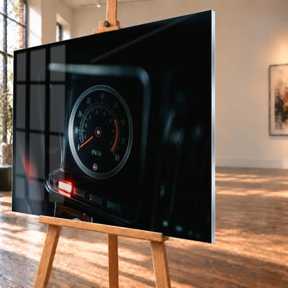 Ein einzelner Rundinstrument-Zähler leuchtet im dunklen Innenraum des Camaro Yenko; rote Kontrollleuchte und Skala sind klar sichtbar. Motiv „Silver Moment“ als Acrylglas-Wandbild, schräg von der Seite auf einer Holzstaffelei.