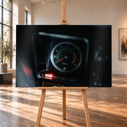 Ein einzelner Rundinstrument-Zähler leuchtet im dunklen Innenraum des Camaro Yenko; rote Kontrollleuchte und Skala sind klar sichtbar. Motiv „Silver Moment“ als Alu gebürstet-Wandbild, auf einer Holzstaffelei in einem hellen Galerieraum.
