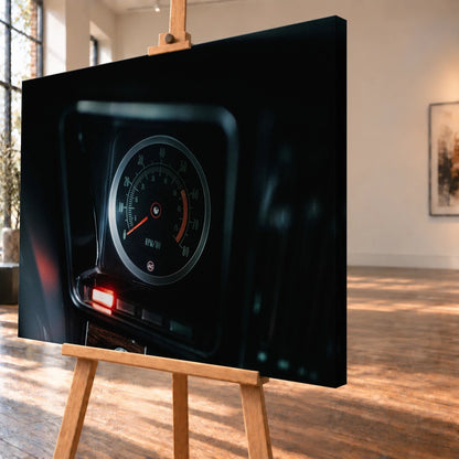 Ein einzelner Rundinstrument-Zähler leuchtet im dunklen Innenraum des Camaro Yenko; rote Kontrollleuchte und Skala sind klar sichtbar. Motiv „Silver Moment“ als Leinwand-Wandbild, schräg von der Seite auf einer Holzstaffelei.