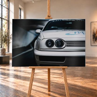 Die Frontpartie von Jesses Jetta ist eng angeschnitten; zwei runde Scheinwerfer und die graue Grafik auf weißem Lack bestimmen das Bild. Motiv „Silver Horizon“ als Alu gebürstet-Wandbild, auf einer Holzstaffelei in einem hellen Galerieraum.