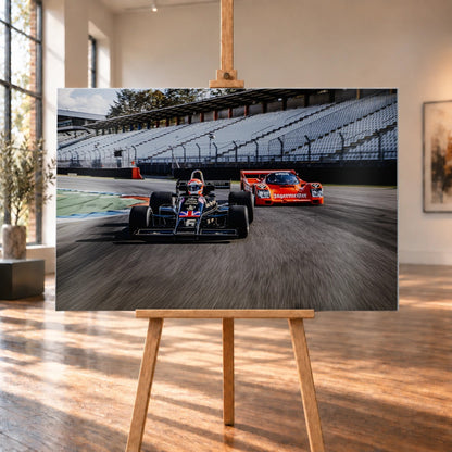Lotus 77 und der Porsche 962 Brun/Jägermeister fahren nebeneinander beziehungsweise versetzt über die Strecke; orange und schwarz setzen klare Rennfarben. Motiv „Grid Rhythm“ als Alu gebürstet-Wandbild, auf einer Holzstaffelei in einem hellen Galerieraum.