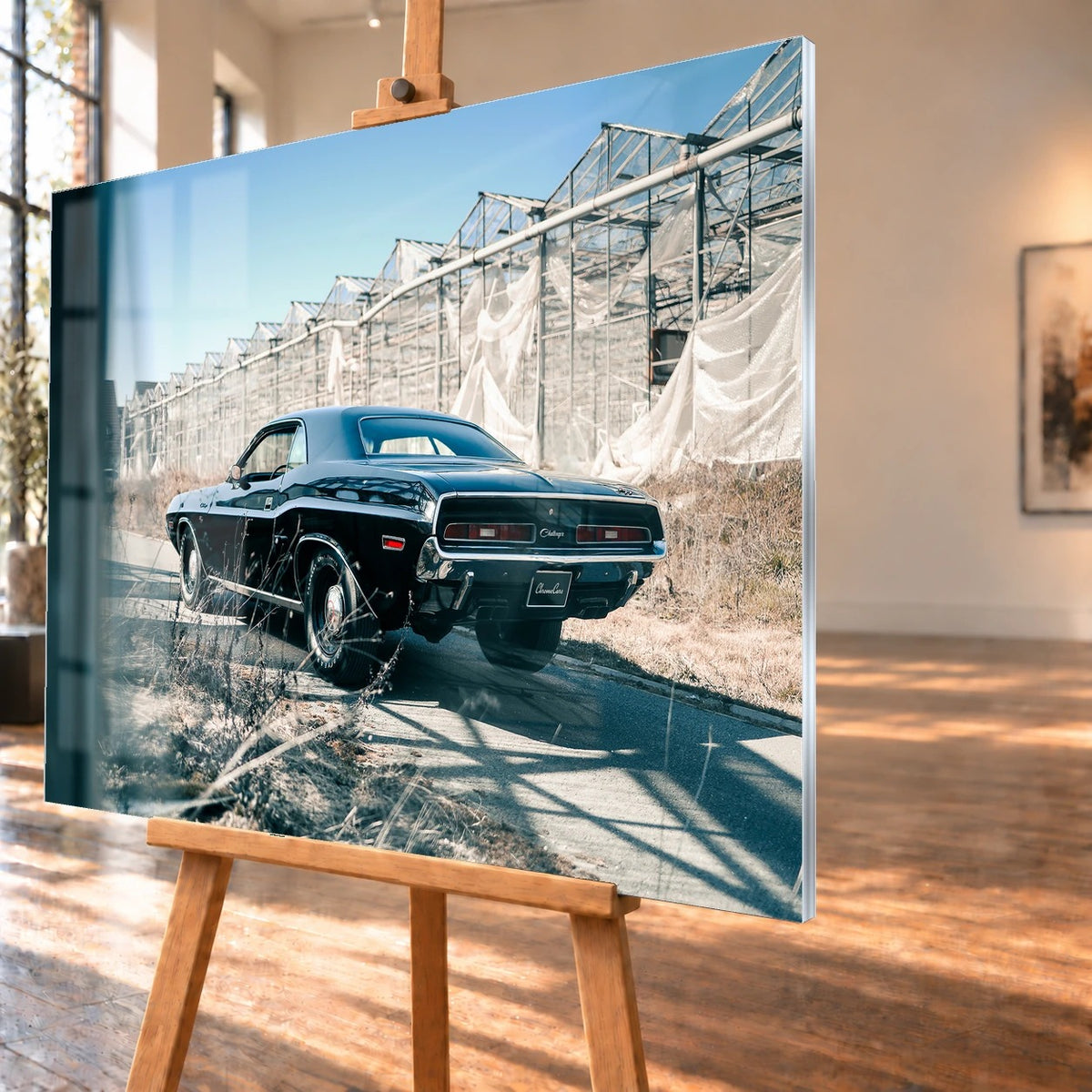 Der schwarze Dodge Challenger ist schräg von hinten auf einem Industriegelände aufgenommen; breite Karosserie und rote Rückleuchten wirken kraftvoll. Motiv „Timeless Pulse“ als Acrylglas-Wandbild, schräg von der Seite auf einer Holzstaffelei.