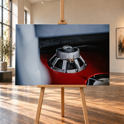 Ein metallischer Schaltknauf steht scharf vor dem rot-weißen Innenraum von Jesses Jetta; geringe Tiefenschärfe isoliert das Detail. Motiv „Night Drive 2“ als Leinwand-Wandbild, auf einer Holzstaffelei in einem hellen Galerieraum.