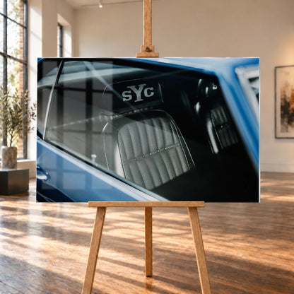 Die Innenraum-Nahaufnahme des blauen Camaro Yenko zeigt den hellen Sitz mit SYC-Schriftzug, eingefasst von Fenster und Karosserie. Motiv „Hero Moment 2“ als Acrylglas-Wandbild, auf einer Holzstaffelei in einem hellen Galerieraum.