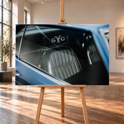 Die Innenraum-Nahaufnahme des blauen Camaro Yenko zeigt den hellen Sitz mit SYC-Schriftzug, eingefasst von Fenster und Karosserie. Motiv „Hero Moment 2“ als Alu gebürstet-Wandbild, auf einer Holzstaffelei in einem hellen Galerieraum.