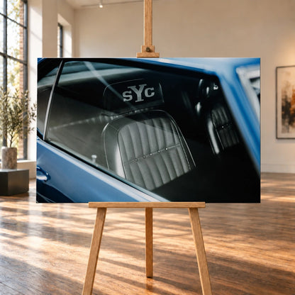 Die Innenraum-Nahaufnahme des blauen Camaro Yenko zeigt den hellen Sitz mit SYC-Schriftzug, eingefasst von Fenster und Karosserie. Motiv „Hero Moment 2“ als Leinwand-Wandbild, auf einer Holzstaffelei in einem hellen Galerieraum.